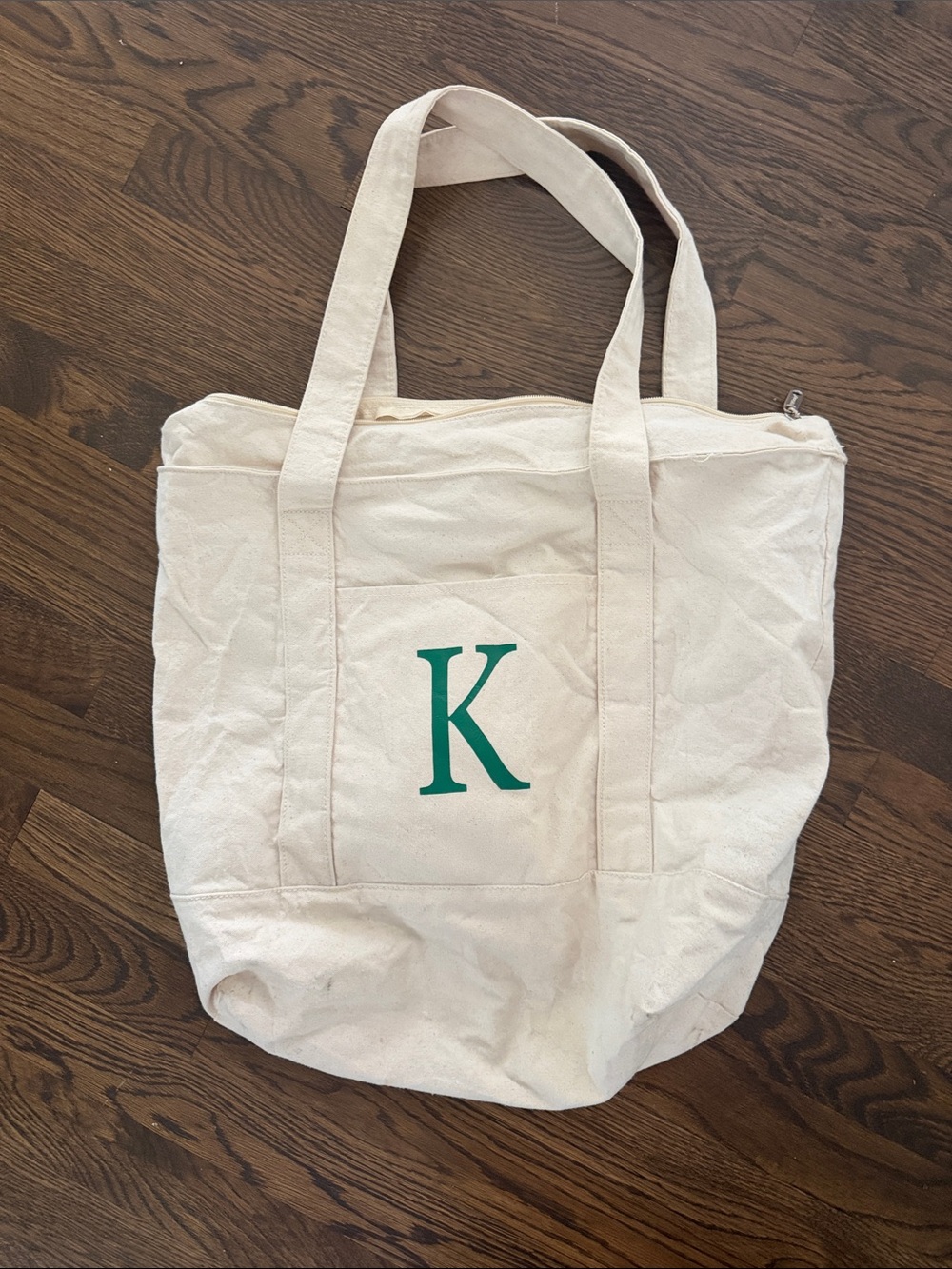 Canvas Tote Bag with Green Monogram K - Classic Cream Carryall